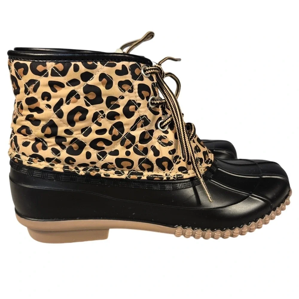 Magellan‎ Outdoors Womens Leopard Print Duck Boots Black Tan Lace Up 167828 Sz 8